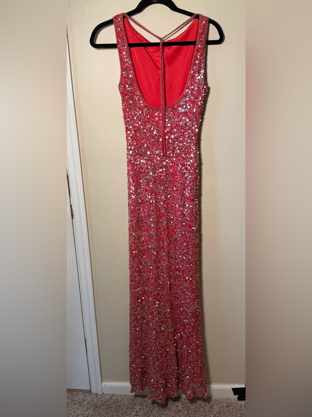 Vintage Sténay Pink Sequin Beaded Maxi Dress Size 8 Glam Evening Gown